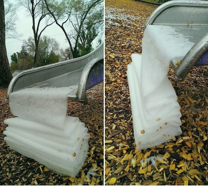 This Is So Satisfying. This Is Snow That Has Slightly Melted To Make It Slip Down The Slide Giving This Folded Blanket Effect