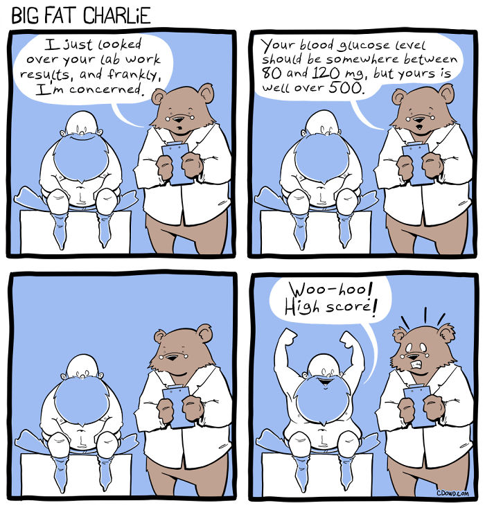 Comic about daily struggles as a fat man showing a doctor bear delivering surprising lab results to a seated character.