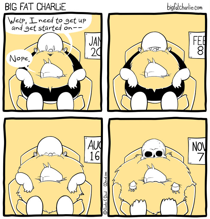 Comic strip showing daily struggles of a fat man named Charlie lounging and growing older while sitting in a chair.
