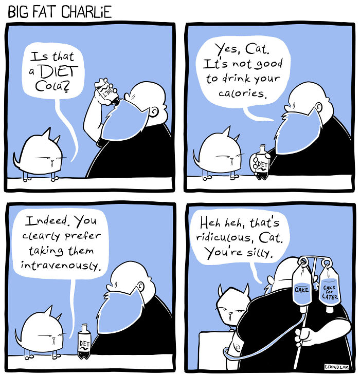 Comic strip showing daily struggles of a fat man drinking diet soda and humor with his cat about calories.