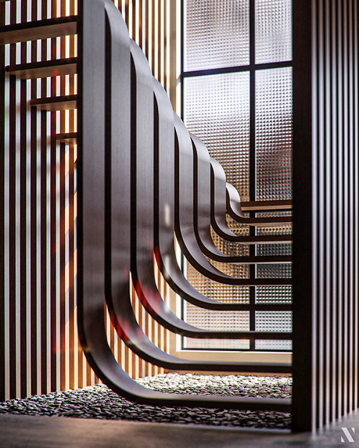This Minimalistic Staircase Resembles A Strand Of DNA Inside Of A Two-Story Home