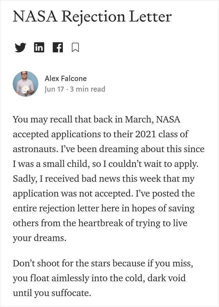 Comedian Knows He's Too Dumb To Work For NASA, Still 'Applies', 'Receives' A Hilarious Rejection Letter Comedian Knows He's Too Dumb To Work For NASA, Still 'Applies', 'Receives' A Hilarious Rejection Letter