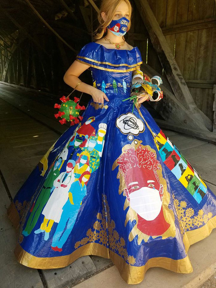 Teen Spent 400 Hours Making A COVID-Themed Prom Dress Using 750 Meters Of Colored Duct Tape For A Duck Brand Scholarship Contest Teen Spent 400 Hours Making A COVID-Themed Prom Dress Using 750 Meters Of Colored Duct Tape For A Duck Brand Scholarship Contest