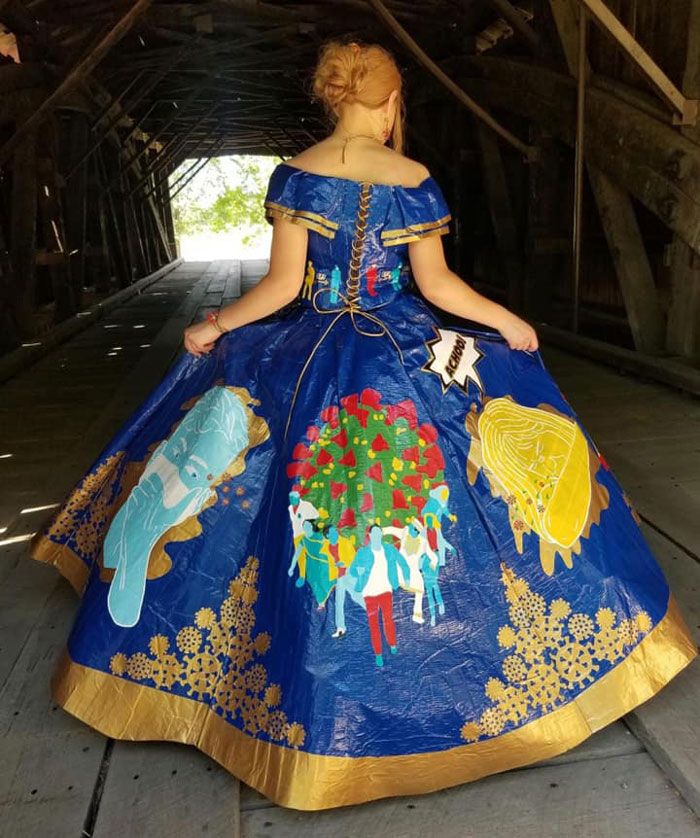 Teen Spent 400 Hours Making A COVID-Themed Prom Dress Using 750 Meters Of Colored Duct Tape For A Duck Brand Scholarship Contest Teen Spent 400 Hours Making A COVID-Themed Prom Dress Using 750 Meters Of Colored Duct Tape For A Duck Brand Scholarship Contest