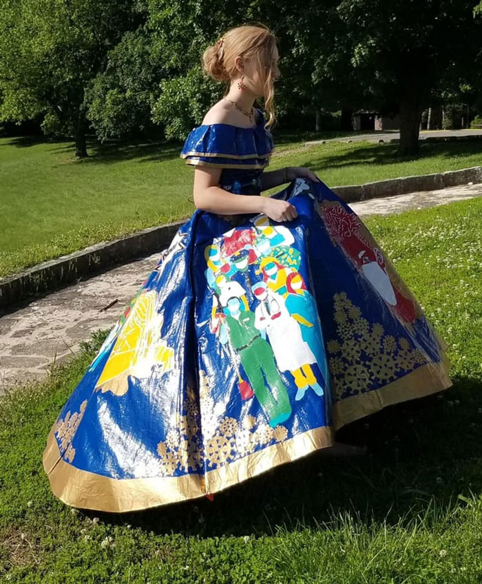 Teen Spent 400 Hours Making A COVID-Themed Prom Dress Using 750 Meters Of Colored Duct Tape For A Duck Brand Scholarship Contest