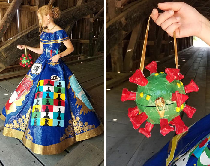 Teen Spent 400 Hours Making A COVID-Themed Prom Dress Using 750 Meters Of Colored Duct Tape For A Duck Brand Scholarship Contest