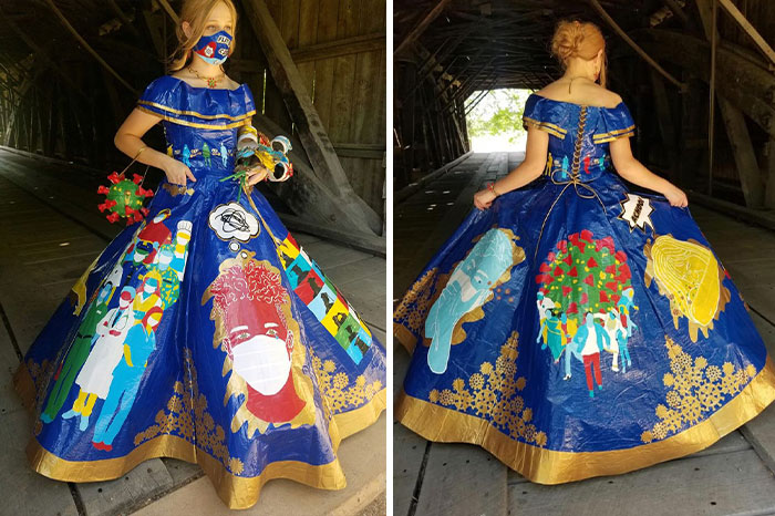 Teen Spent 400 Hours Making A COVID-Themed Prom Dress Using 750 Meters Of Colored Duct Tape For A Duck Brand Scholarship Contest