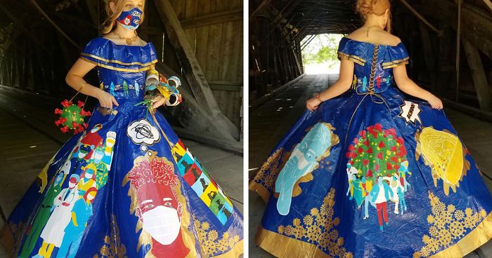 Teen Spent 400 Hours Making A COVID-Themed Prom Dress Using 750 Meters Of Colored Duct Tape For A Duck Brand Scholarship Contest