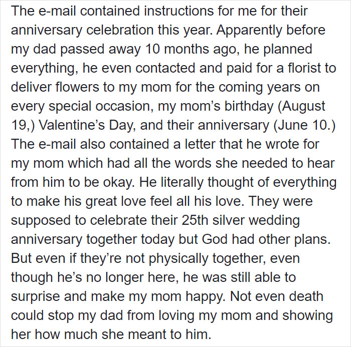 Daughter Receives Email Instructions On How To Throw A 25th Wedding Anniversary Celebration For Mom Written By Dad Who Passed Away 10 Months Ago Daughter Receives Email Instructions On How To Throw A 25th Wedding Anniversary Celebration For Mom Written By Dad Who Passed Away 10 Months Ago