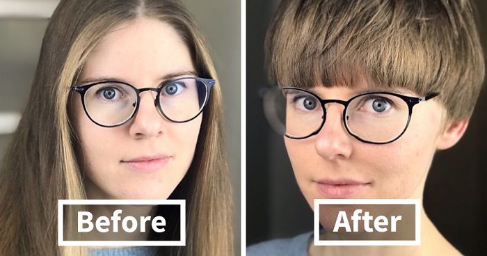 Before and after hair transformation by hairstylist showing dramatic change from long hair to short hairstyle with glasses.