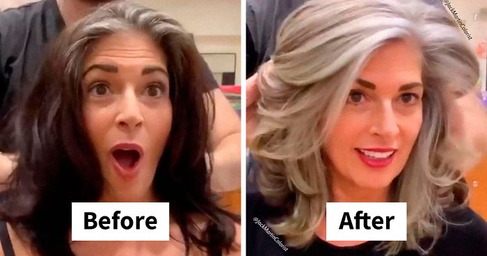 Instead Of Covering Grey Roots, This Hairdresser Makes Clients Embrace It With His Powerful Transformations (35 Pics)