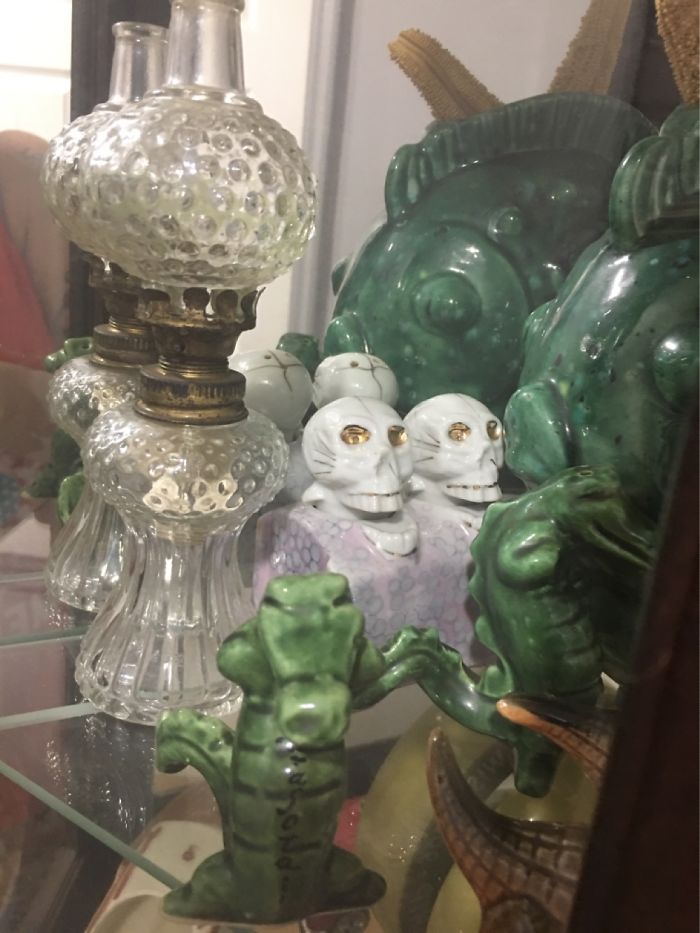 My Bobble Head Skull Salt And Pepper Shakers. And Mini Oil Lamp.