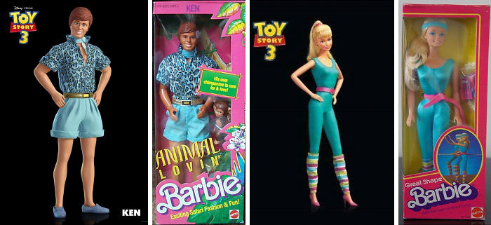 In Toy Story 3 (2010), Ken And Barbie’s Designs Are Based On Real Life Toys From The Barbie Toyline. Ken Is Based On The 1988 Animal Lovin' Ken Toy, While Barbie Is Based On The 1983 Great Shape Barbie Toy