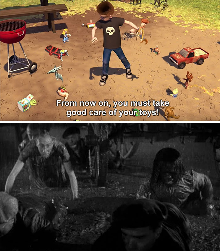 In Toys Story (1995), There Is A Scene That Is Similar To The Ending Of The Classic Horror Movie Freaks (1932) In Which Characters Are Followed By People With Body Deformations