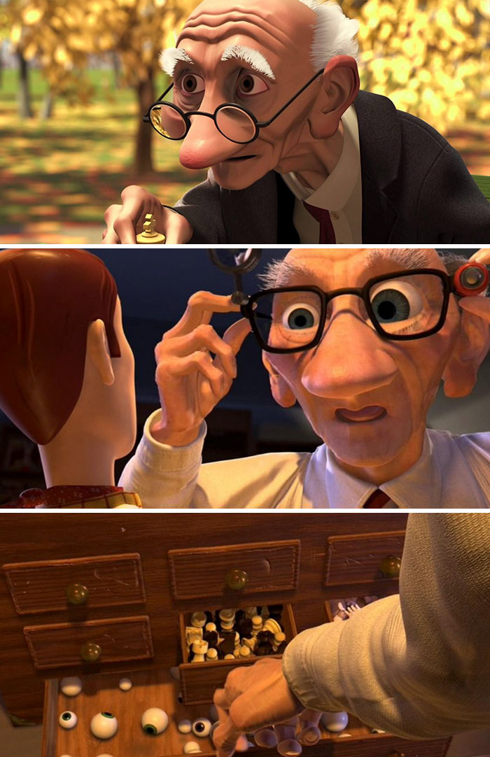 Geri From The Famous Pixar Short ‘Geri’s Game’ That Played Before ‘A Bugs Life’ (1998), Is Also The Man Who Cleans Up Woody To Sell In Toy Story 2 (1999)