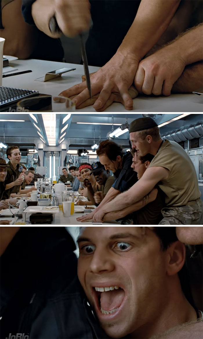 In Aliens (1986), The Knife Trick Scene Was Originally Going To Be Done By Bishop (Lance Henrickson) Alone. Henrickson Suggested To Director James Cameron To Have Hudson's (Bill Paxton) Hand Put On Top Of His, And Cameron Agreed. Everyone On Set Was Told About The Change Except Bill Paxton