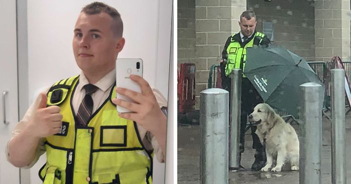 Security Guard For A Morrisons Store Goes Viral For Shielding A Waiting Dog From The Rain With His Umbrella