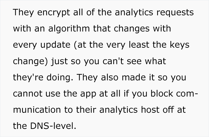 Screenshot of text about reverse-engineering TikTok, mentioning encrypted analytics and blocking app communication. Screenshot of text about reverse-engineering TikTok, mentioning encrypted analytics and blocking app communication.