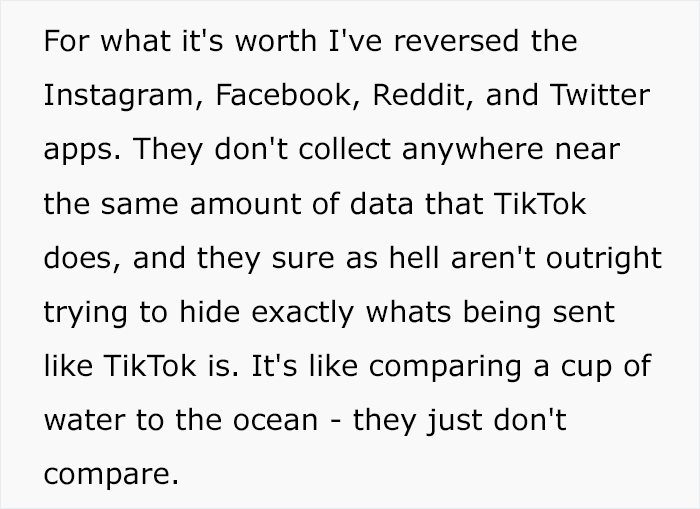 Text about reverse-engineering TikTok, revealing excessive data collection compared to Instagram, Facebook, Reddit, Twitter. Text about reverse-engineering TikTok, revealing excessive data collection compared to Instagram, Facebook, Reddit, Twitter.