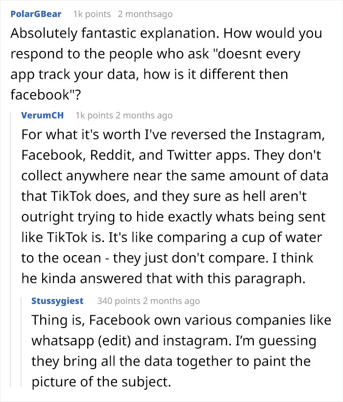 Comments discussing reverse-engineering TikTok, highlighting data tracking concerns and comparison to other apps. Comments discussing reverse-engineering TikTok, highlighting data tracking concerns and comparison to other apps.