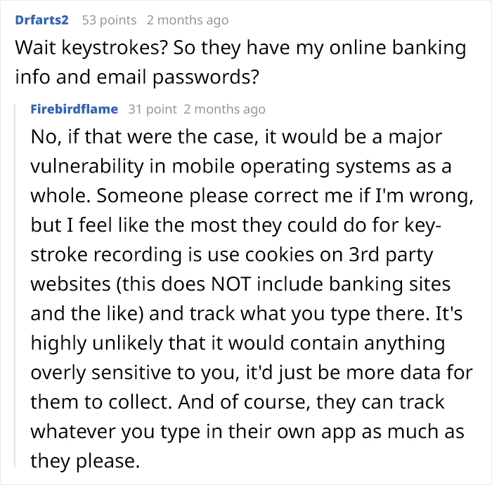 Discussion about TikTok's potential privacy issues, focusing on data tracking and keystroke recording through third-party cookies.