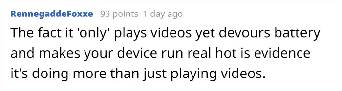 Text comment on TikTok's heavy battery use, suggesting suspicious background activity.