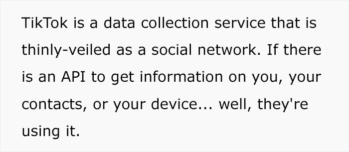 Text warning about TikTok's data collection disguised as social networking.