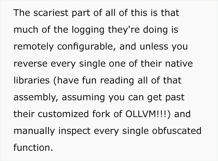 Text detailing reverse-engineering insights into TikTok, highlighting concerns about logging and obfuscated functions. Text detailing reverse-engineering insights into TikTok, highlighting concerns about logging and obfuscated functions.