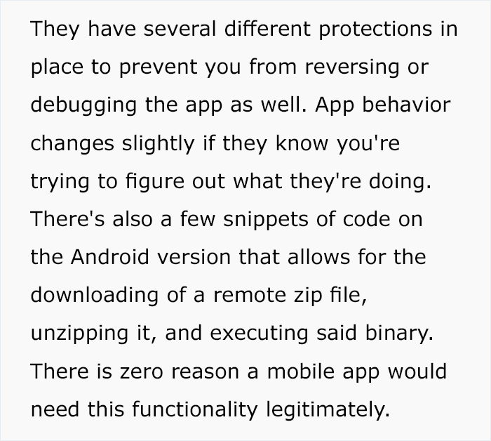 Text screenshot about reverse-engineering TikTok, detailing app protections and potential security concerns.