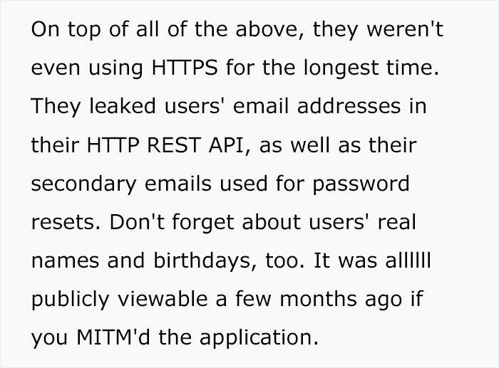 Text image detailing security weaknesses of an app, revealing leaks of user information like emails and birthdays.