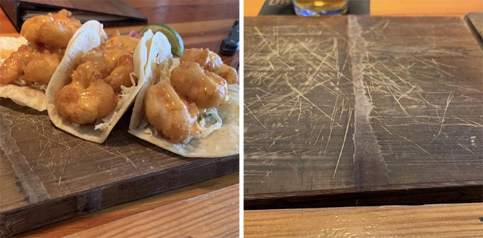 Waitress Asked If We Wanted Another Plate For The Tacos We Were Splitting. I Assumed She Meant A Small Round Piece Of Ceramic. Not Another Chunk Of Wood.