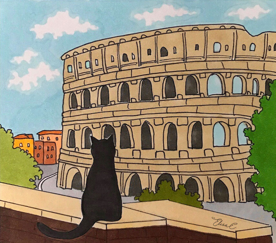 Illustration of a black cat walking around Rome, with the Colosseum in the background on a clear day.