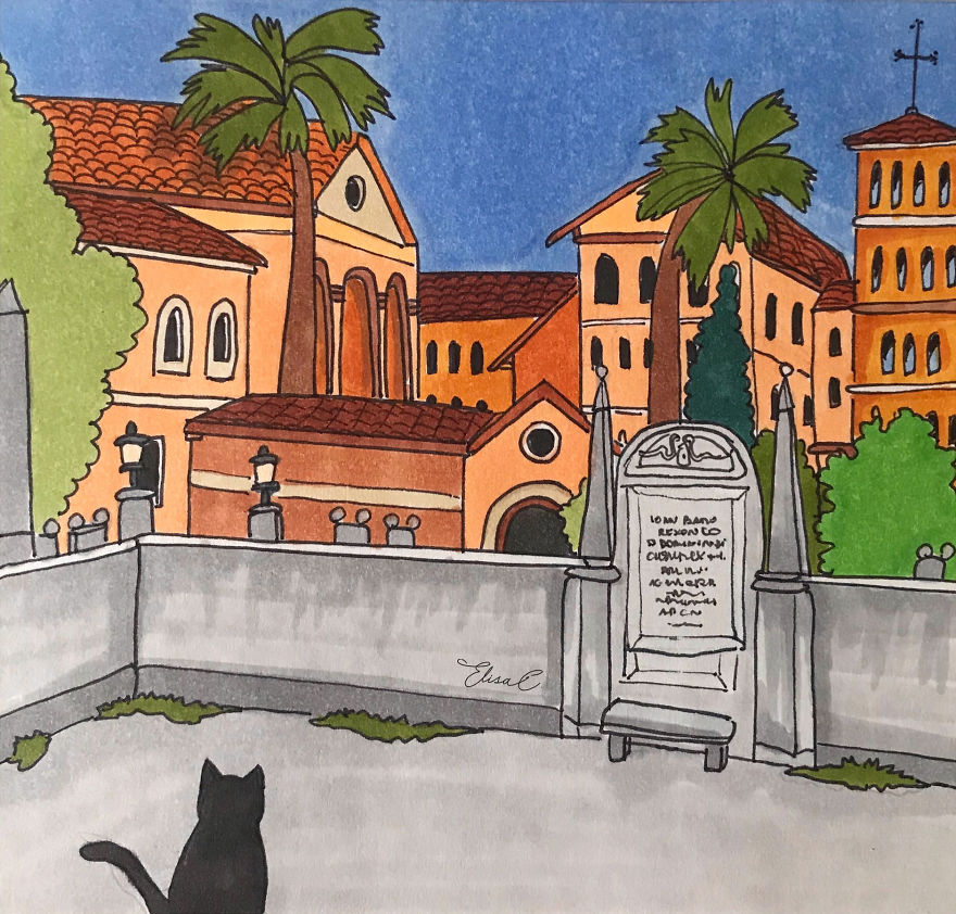 Illustration of a cat walking around Rome with historic buildings and palm trees in the background after lockdown exploration.
