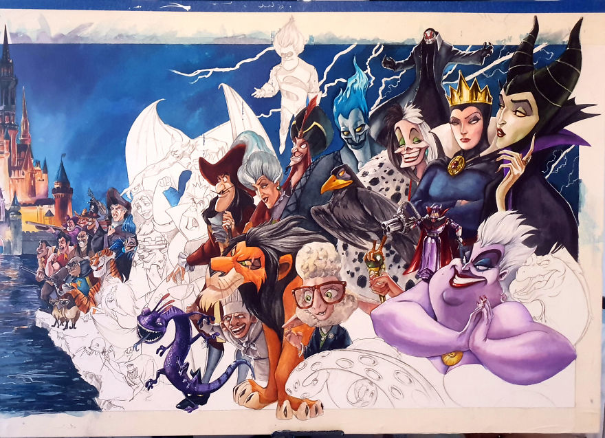 Illustrator Makes A Watercolor Disney & Pixar Composition (80 Characters/Easter Eggs)