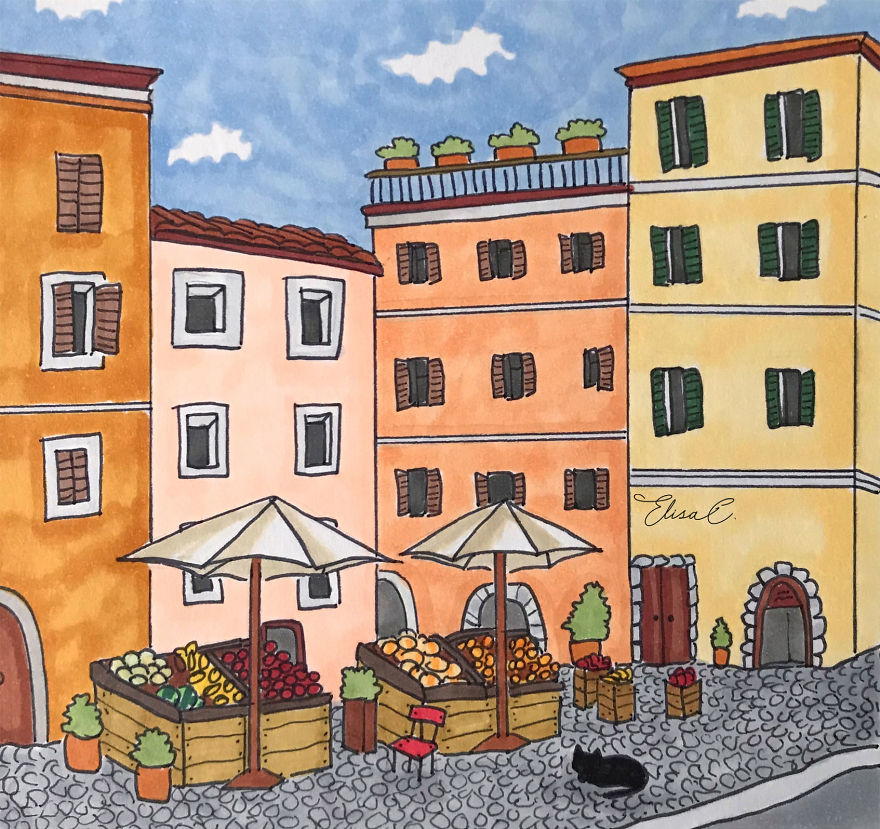Illustration of a cat exploring a colorful Roman street with fruit stands and traditional buildings in the city.