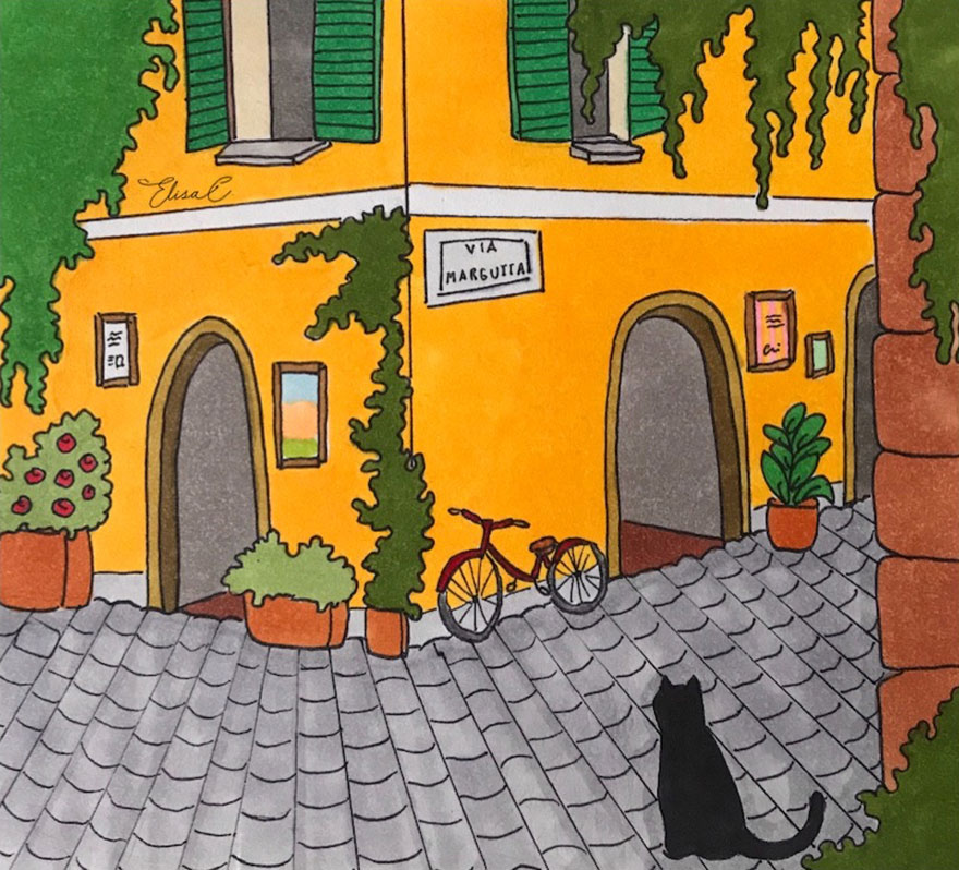 Illustration of a cat walking around Rome streets with yellow buildings, plants, and a bicycle on cobblestone pavement.