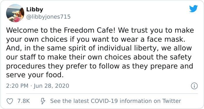 Someone Comes Up With A 'Freedom Cafe' Analogy To Explain How Not Wearing Masks Is Dangerous And Stupid, People Love It Someone Comes Up With A 'Freedom Cafe' Analogy To Explain How Not Wearing Masks Is Dangerous And Stupid, People Love It