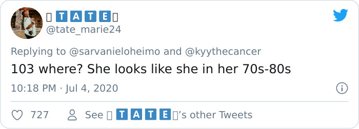 Tweet questioning a 103-year-old Filipino woman's age, claiming she looks in her 70s-80s.