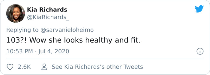 Tweet reacting to a 103-year-old Filipino woman preserving ancient tattoo traditions, noting her healthy appearance. Tweet reacting to a 103-year-old Filipino woman preserving ancient tattoo traditions, noting her healthy appearance.