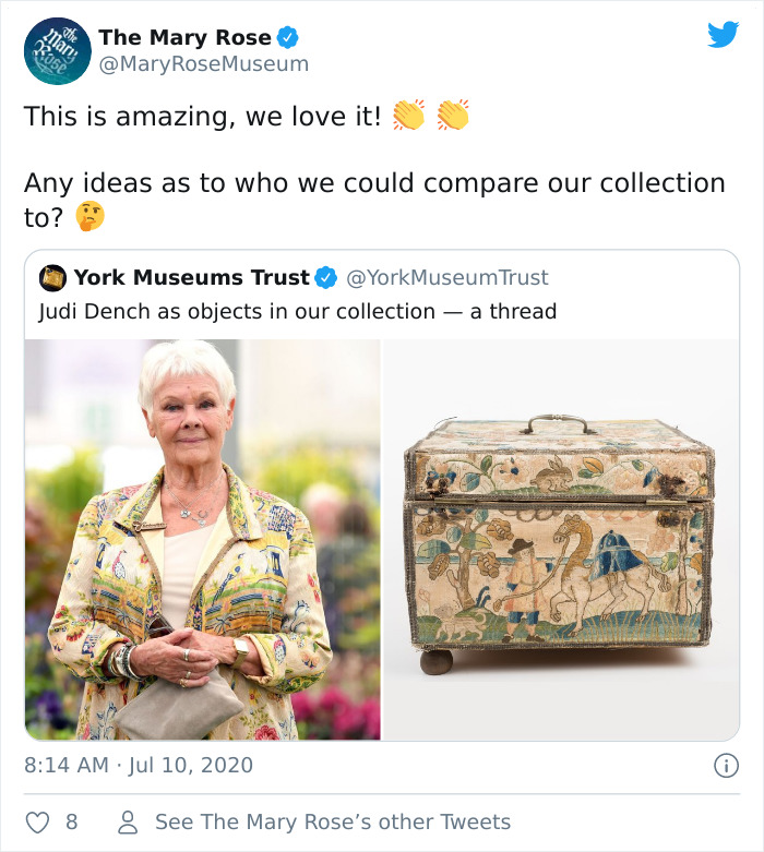Museum Tweets Judi Dench As Objects Found In Its Collection And It’s Hilariously Spot-On Museum Tweets Judi Dench As Objects Found In Its Collection And It’s Hilariously Spot-On