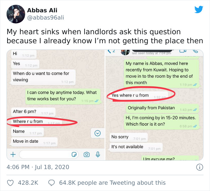 Pakistani Man Shares Screenshots Of How A Landlord Turned Him After Finding Out Where He's From, Other Users Share Similar Experiences Pakistani Man Shares Screenshots Of How A Landlord Turned Him After Finding Out Where He's From, Other Users Share Similar Experiences