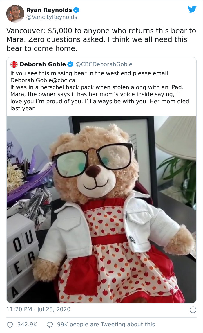 Priceless Stolen Teddy With This Woman’s Late Mother’s Voice Recording Is Returned After Ryan Reynolds' Ransom Offer
