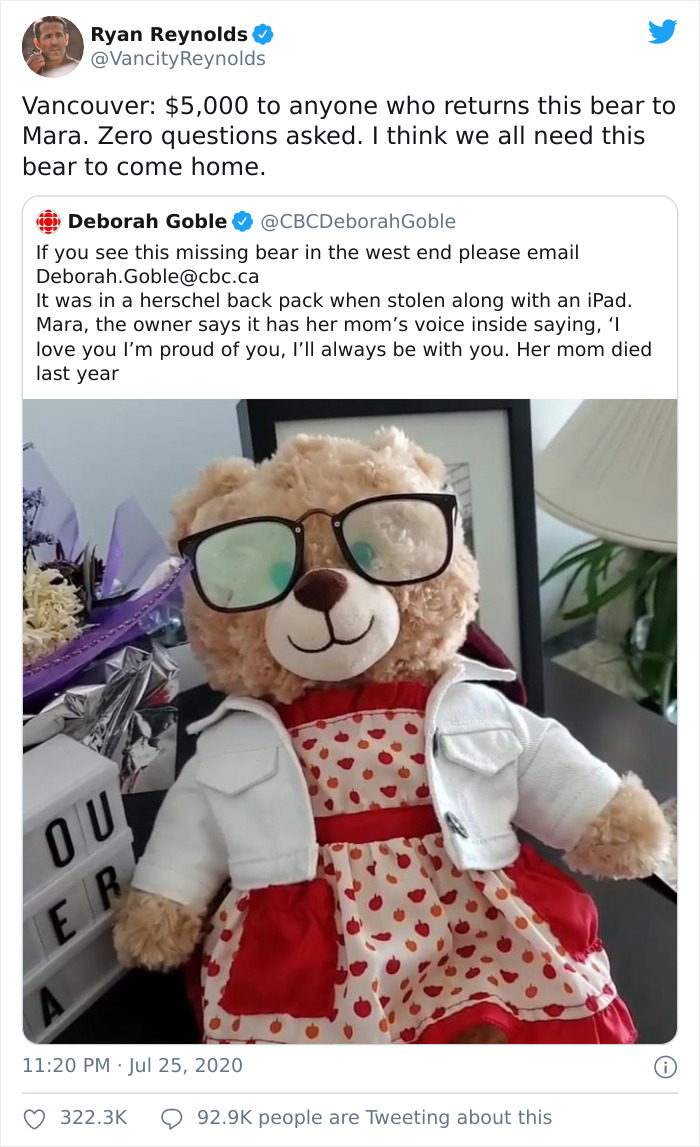 Someone Stole This Woman’s Teddy Bear That Had Her Late Mother’s Voice Recording On It, Ryan Reynolds And Other People Online Step In To Help Find It (Updated) Someone Stole This Woman’s Teddy Bear That Had Her Late Mother’s Voice Recording On It, Ryan Reynolds And Other People Online Step In To Help Find It (Updated)