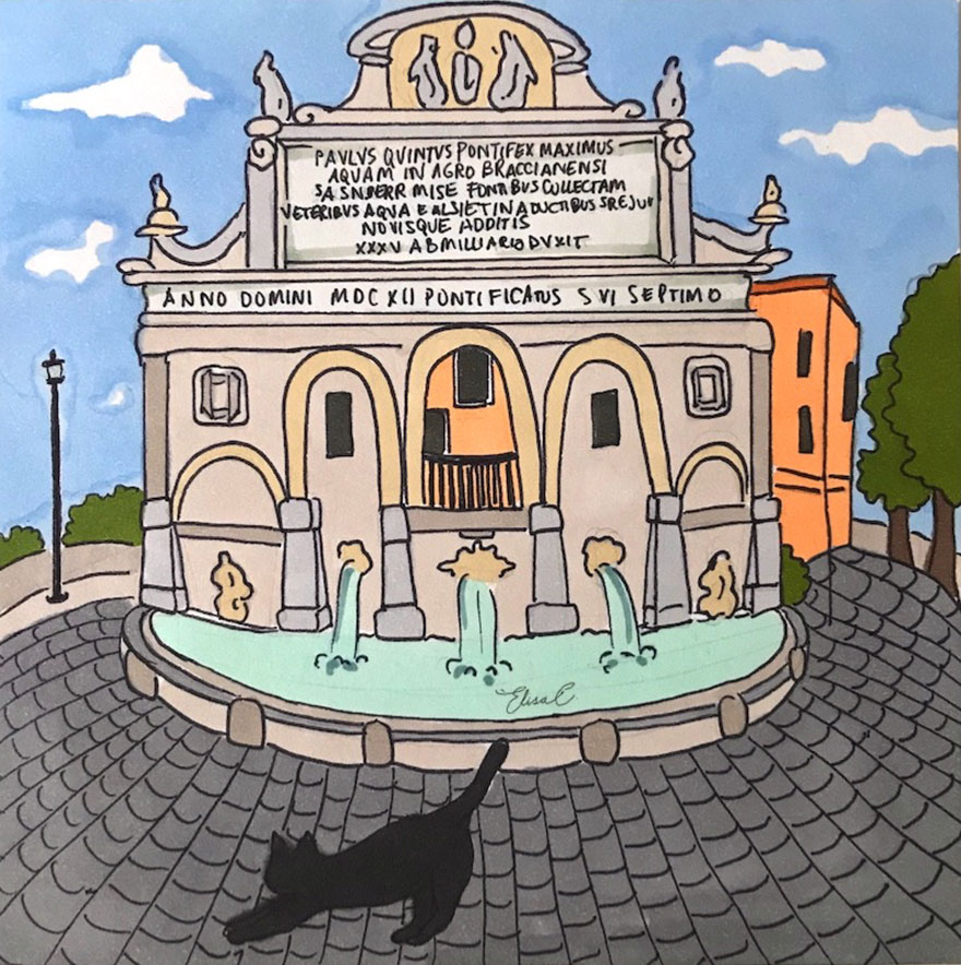 Illustration of a cat walking near a historic fountain in Rome, capturing the charm of exploring the city again after lockdown.