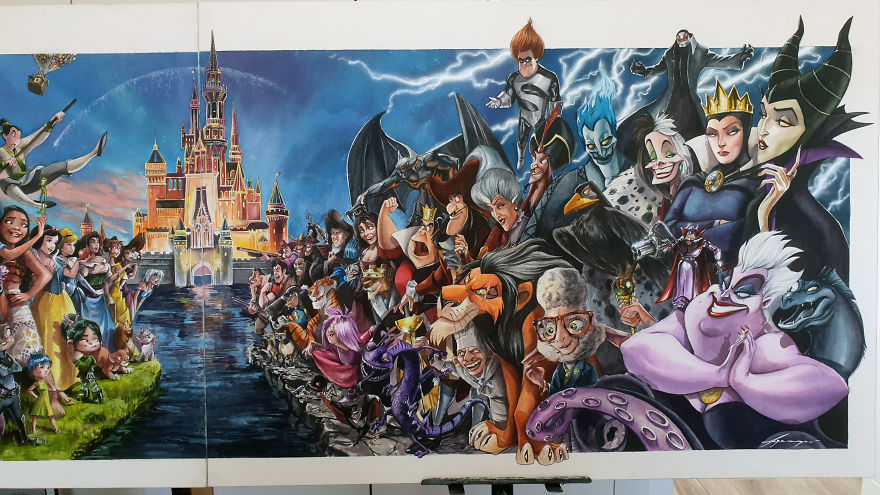 Illustrator Makes A Watercolor Disney & Pixar Composition (80 Characters/Easter Eggs)