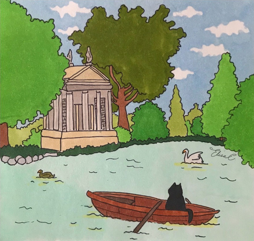 Illustration of a cat rowing a boat on a lake in Rome surrounded by trees and classical architecture.