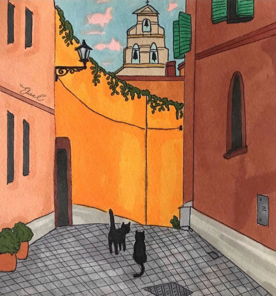 Illustration of two cats walking around a quiet Roman street with warm-colored buildings and a church tower in the background.