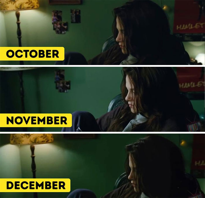 The Twilight Saga: New Moon. When Bella Spends Months Near The Window After Edward Breaks Up With Her, You Can See The Photos Of Her Friends Disappear One By One. This Is How The Creators Are Telling Us That Bella Cut Herself Off From The Entire World