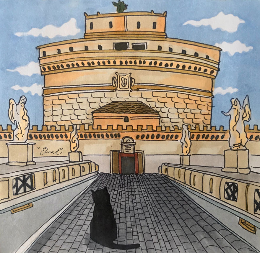 Illustration of a cat walking in Rome near a historic castle with statues under a blue sky.