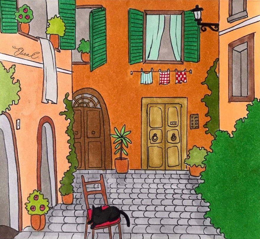 Illustration of a cat walking around a colorful Rome street with green shutters and hanging laundry.